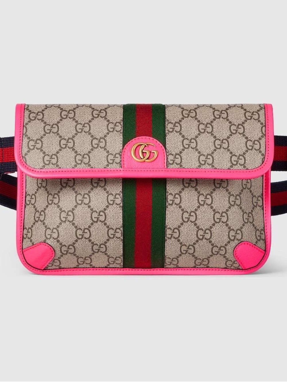 Gucci Beige GG Supreme Shoulder Bag with Pink Trim and Green-Red Stripe